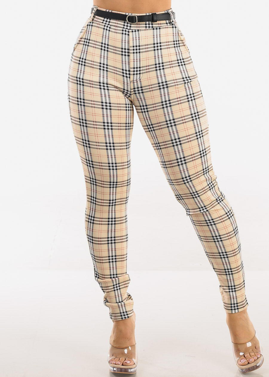 Butt Lift Stretchy Plaid Skinny Ankle Pants Cream