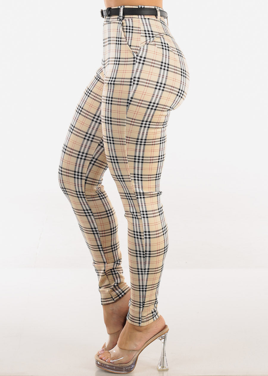 Butt Lift Stretchy Plaid Skinny Ankle Pants Cream