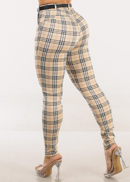 Butt Lift Stretchy Plaid Skinny Ankle Pants Cream