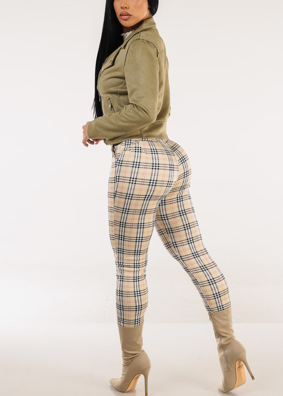 Butt Lift Stretchy Plaid Skinny Ankle Pants Cream