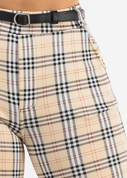 Butt Lift Stretchy Plaid Skinny Ankle Pants Cream