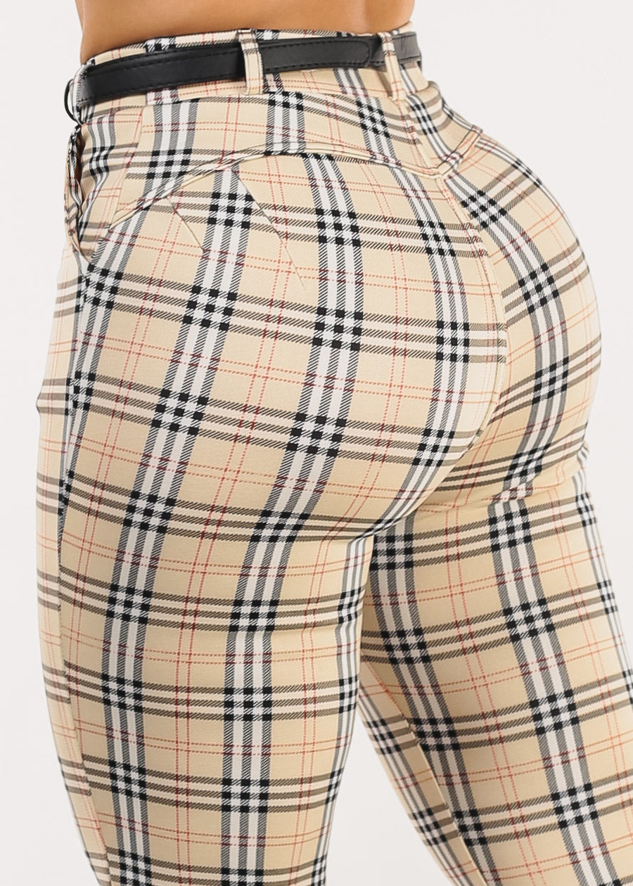 Butt Lift Stretchy Plaid Skinny Ankle Pants Cream