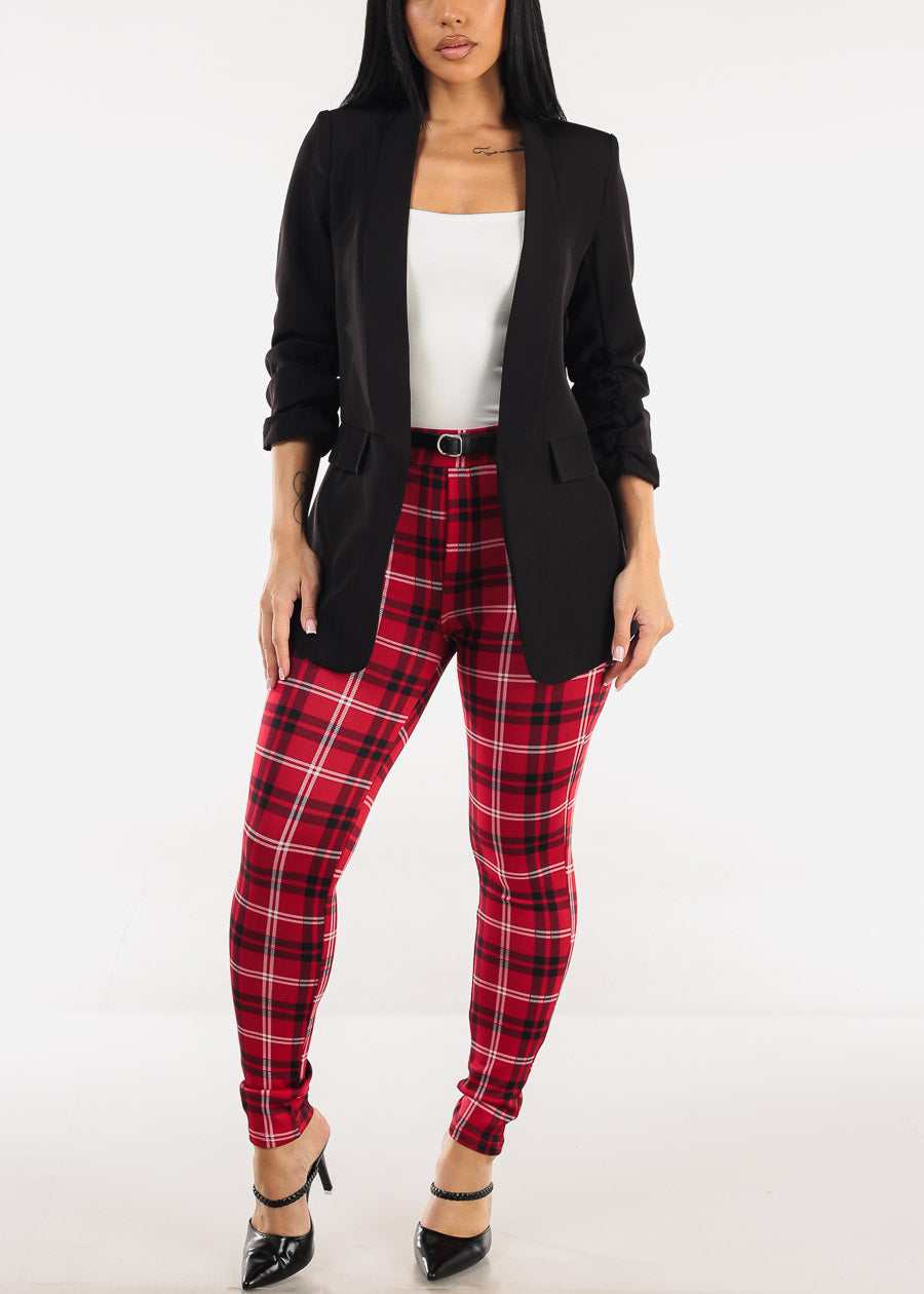 Butt Lift Stretchy Plaid Skinny Ankle Pants Red