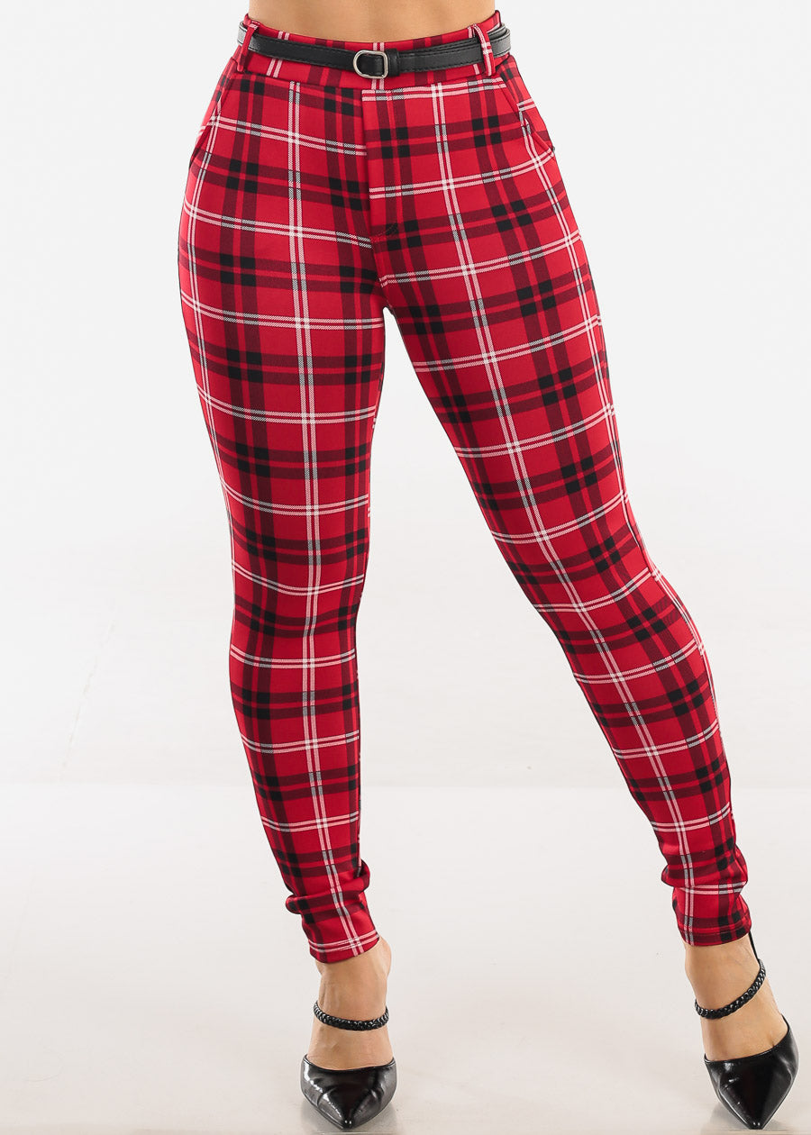 Butt Lift Stretchy Plaid Skinny Ankle Pants Red