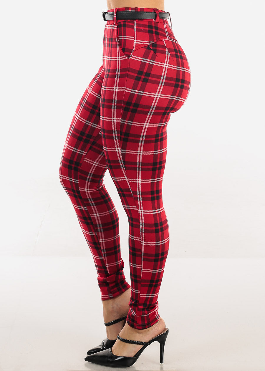 Butt Lift Stretchy Plaid Skinny Ankle Pants Red