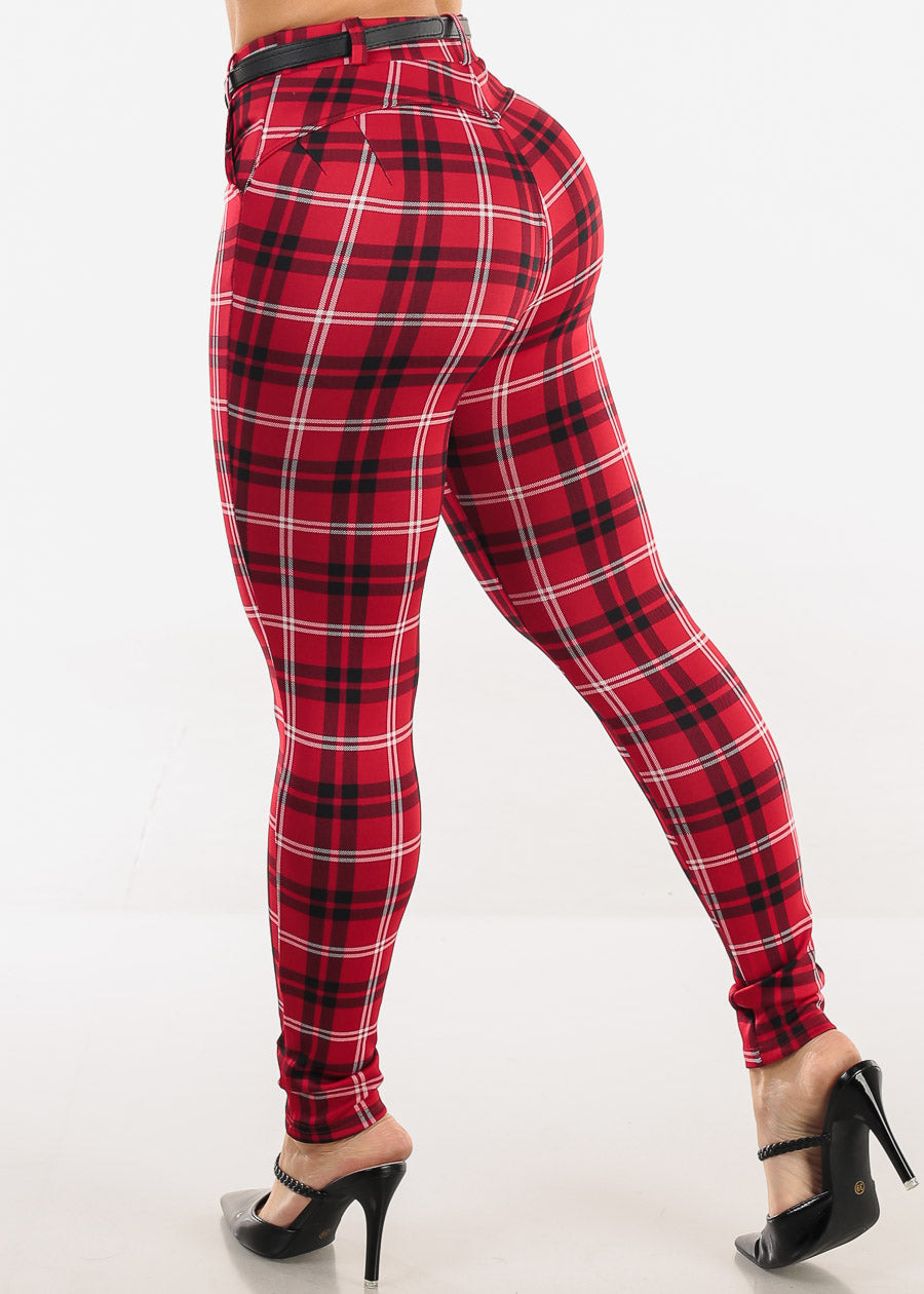 Butt Lift Stretchy Plaid Skinny Ankle Pants Red