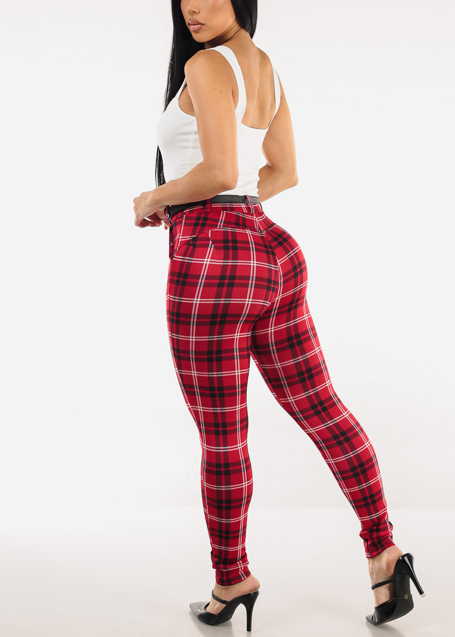 Butt Lift Stretchy Plaid Skinny Ankle Pants Red