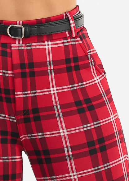 Butt Lift Stretchy Plaid Skinny Ankle Pants Red