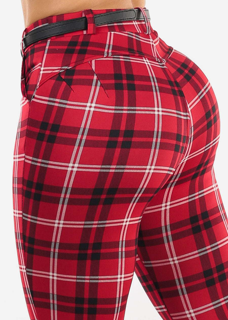 Butt Lift Stretchy Plaid Skinny Ankle Pants Red