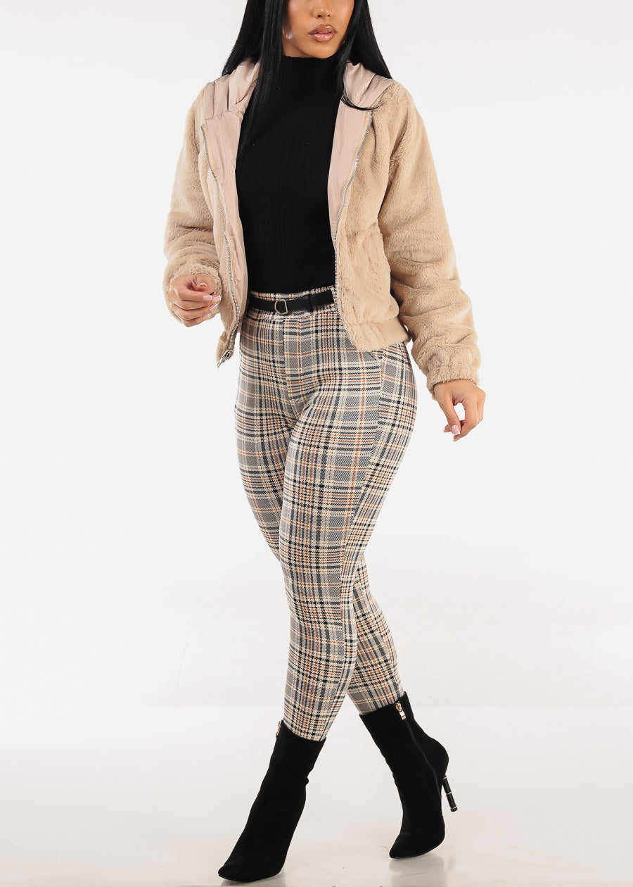 Butt Lift Stretchy Plaid Skinny Pants Beige