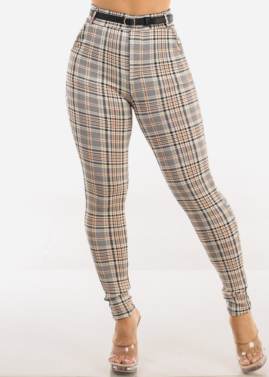 Butt Lift Stretchy Plaid Skinny Pants Beige