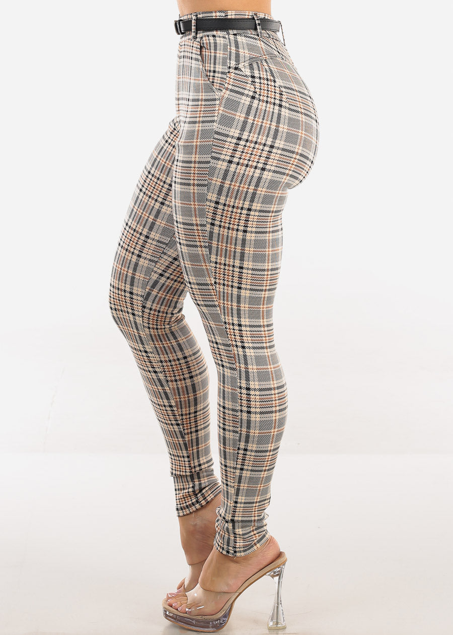 Butt Lift Stretchy Plaid Skinny Pants Beige