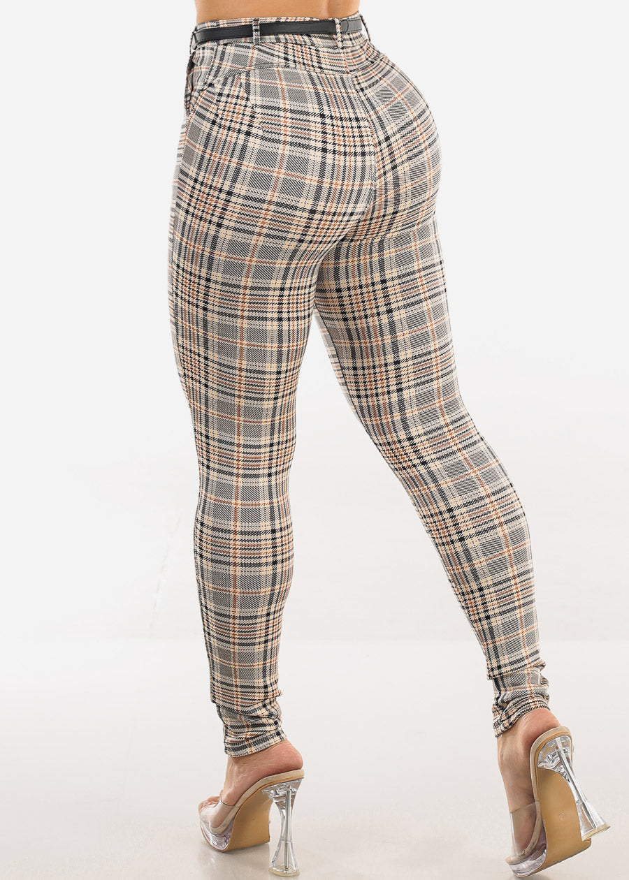 Butt Lift Stretchy Plaid Skinny Pants Beige