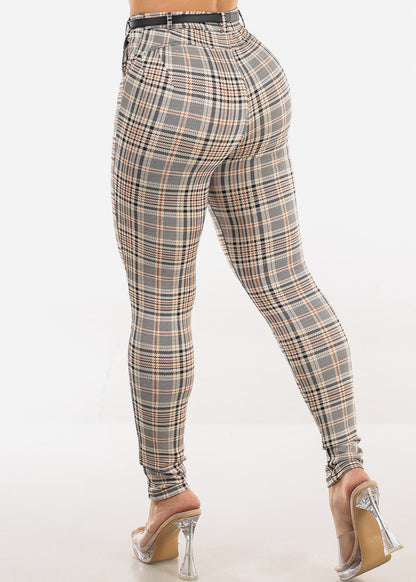 Butt Lift Stretchy Plaid Skinny Pants Beige