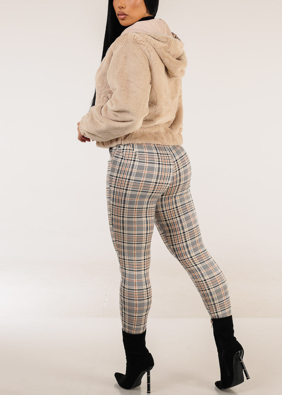 Butt Lift Stretchy Plaid Skinny Pants Beige