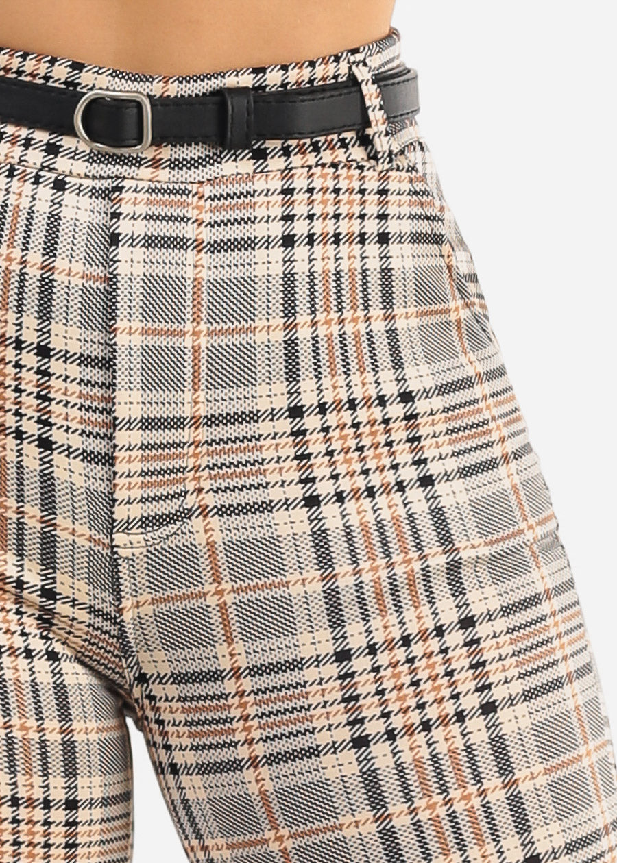 Butt Lift Stretchy Plaid Skinny Pants Beige