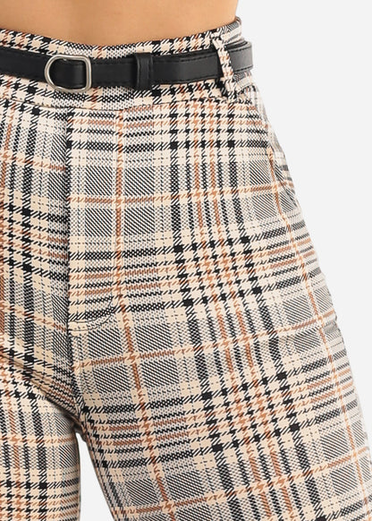 Butt Lift Stretchy Plaid Skinny Pants Beige