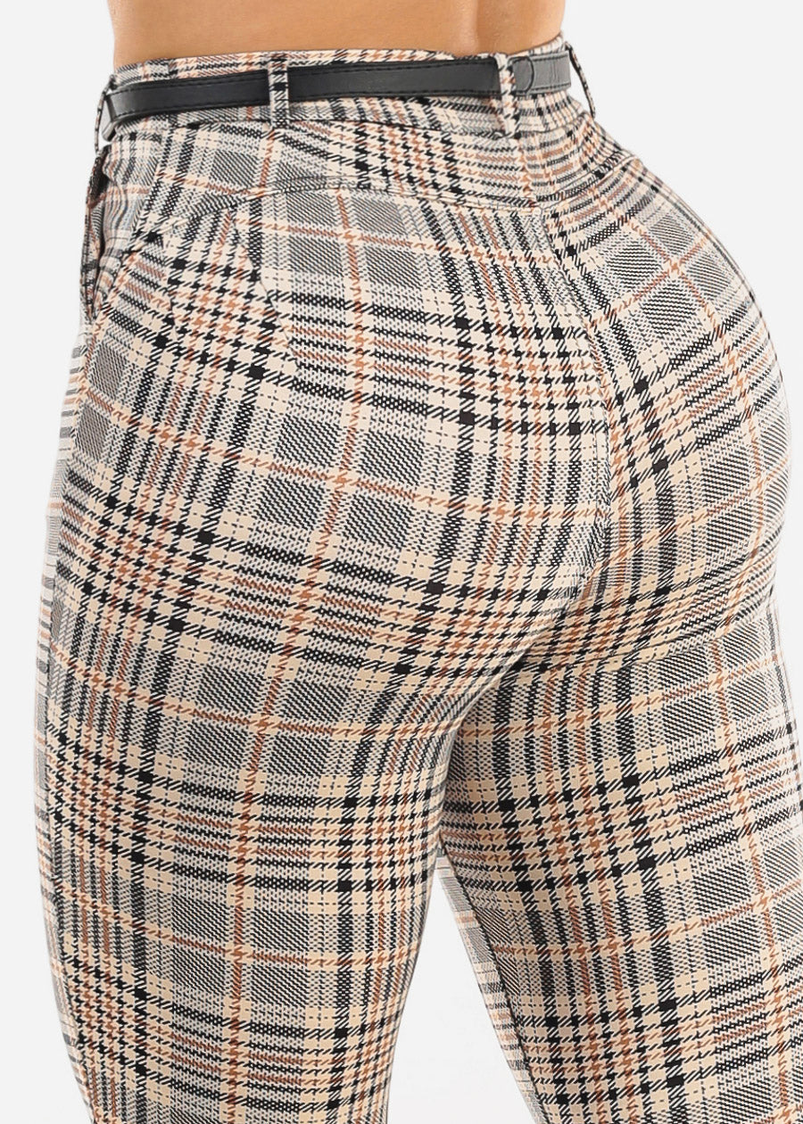 Butt Lift Stretchy Plaid Skinny Pants Beige