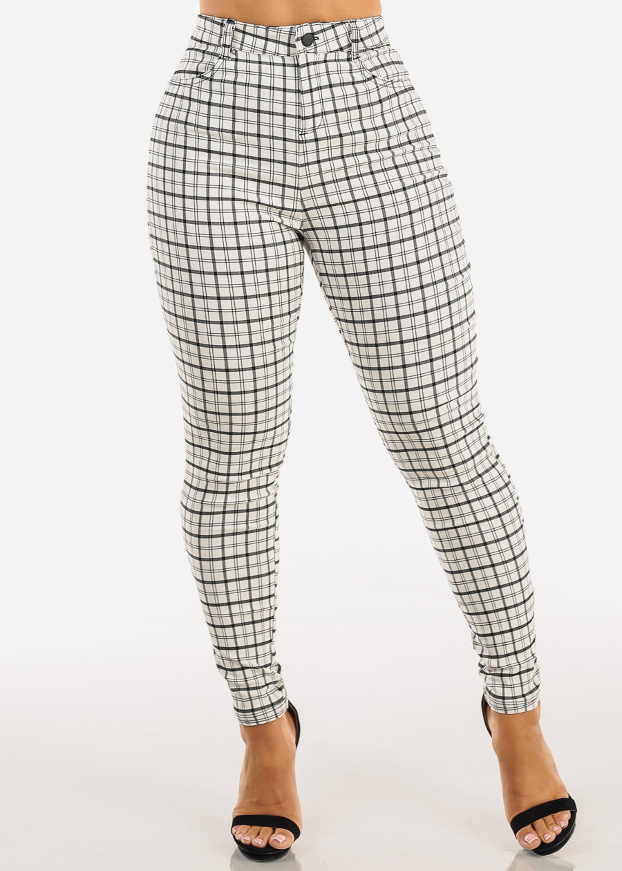Super High Waist Stretch Plaid Skinny Ankle Pants White