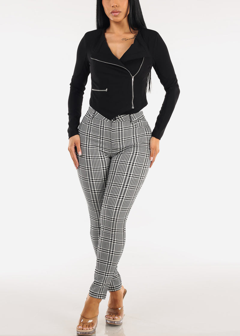 High Waist Stretch Plaid Skinny Pants Black & White