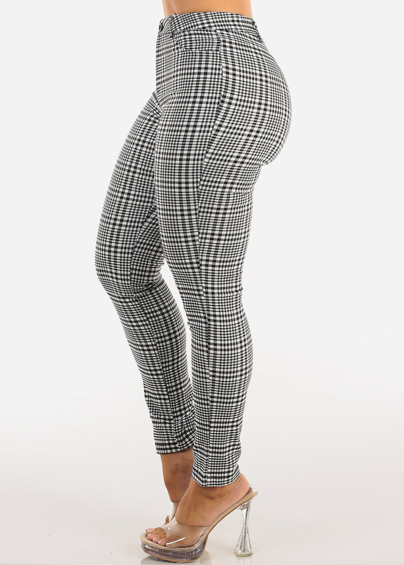 High Waist Stretch Plaid Skinny Pants Black & White