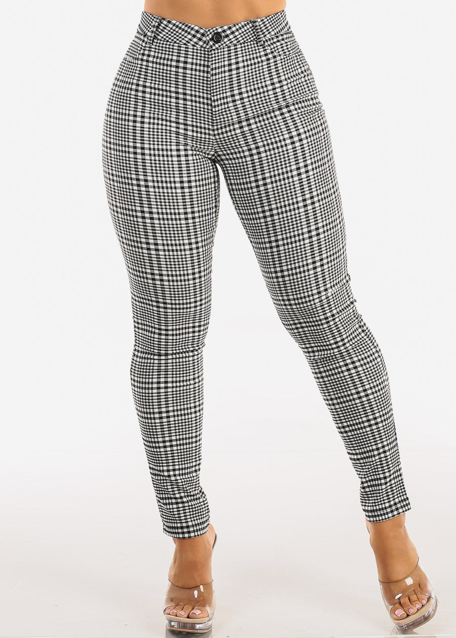 High Waist Stretch Plaid Skinny Pants Black & White