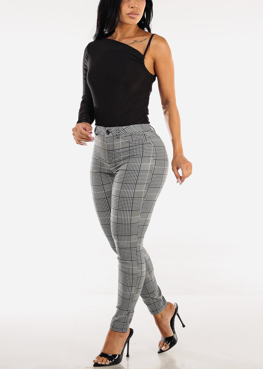 Stretchy High Waisted Plaid Skinny Pants Black