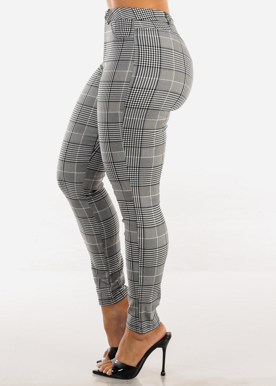 Stretchy High Waisted Plaid Skinny Pants Black