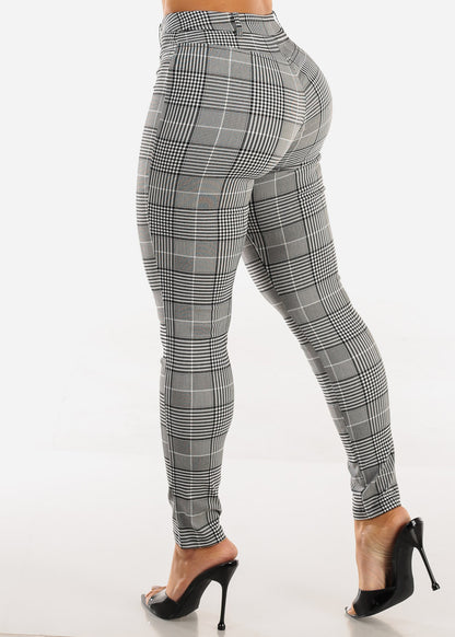 Stretchy High Waisted Plaid Skinny Pants Black