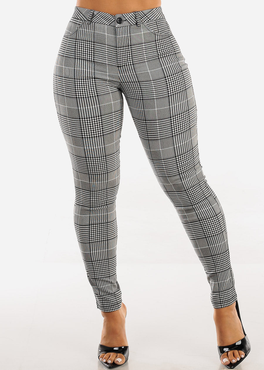 Stretchy High Waisted Plaid Skinny Pants Black