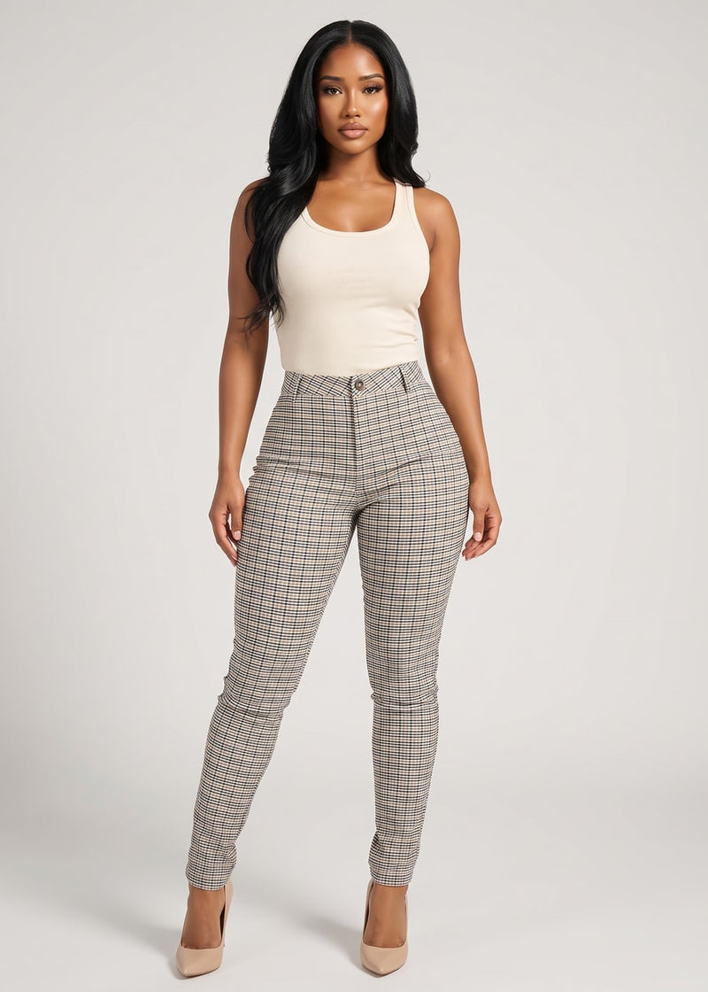 Stretchy Butt lift High Rise Plaid Skinny Pants Black