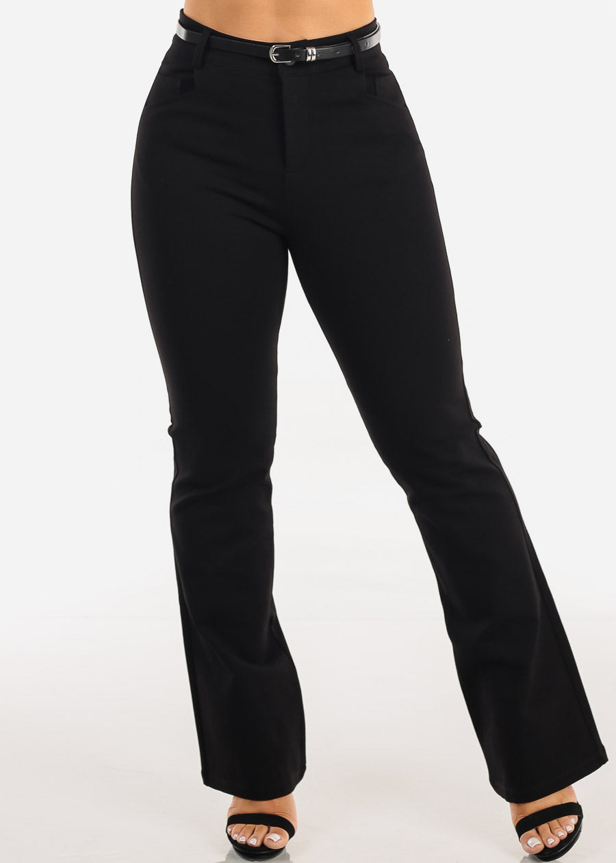 Stretchy High Waisted Black Bootcut Dress Pants w Belt