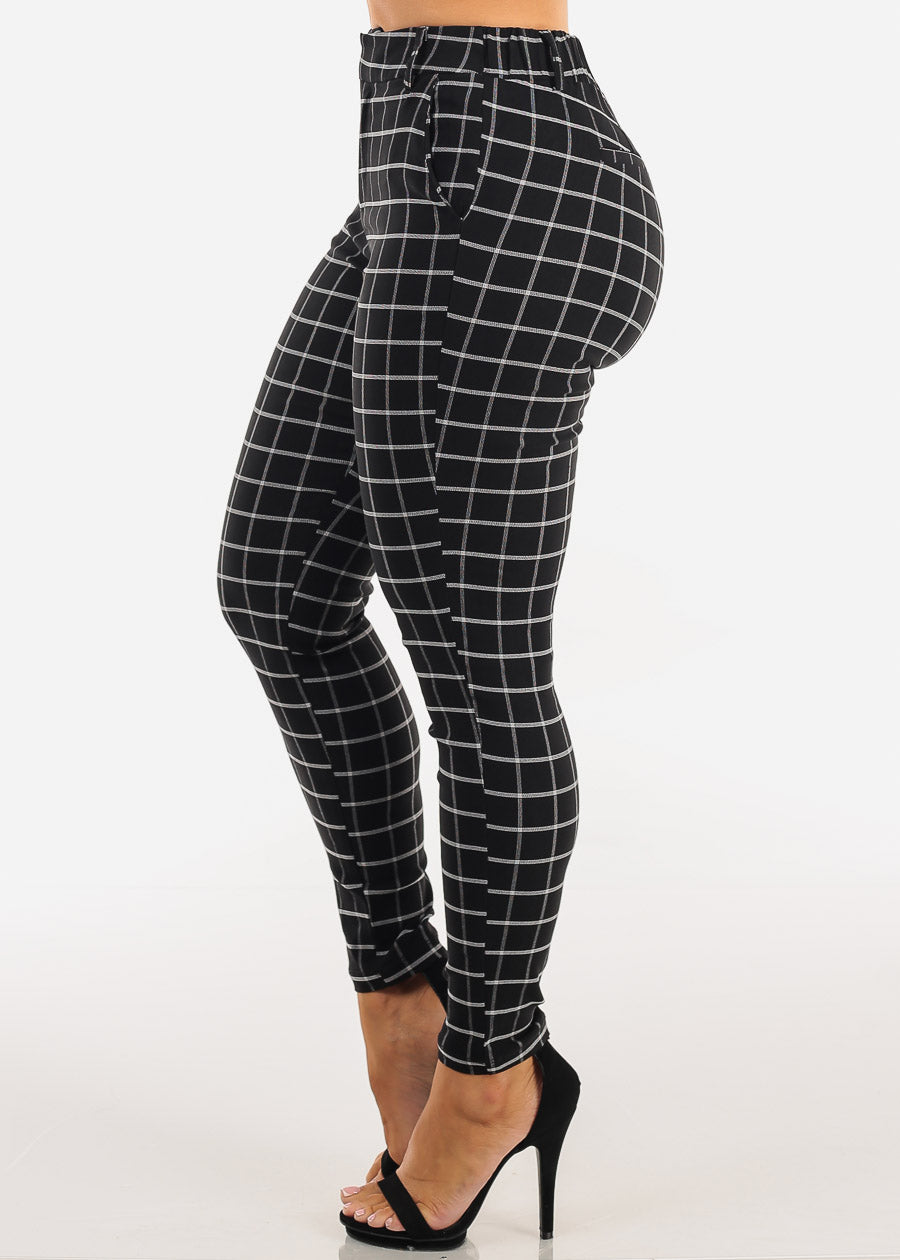 Butt Lift Stretch High Rise Plaid Skinny Ankle Pants Black