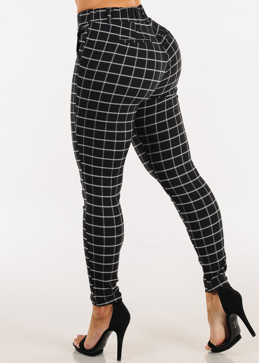 Butt Lift Stretch High Rise Plaid Skinny Ankle Pants Black