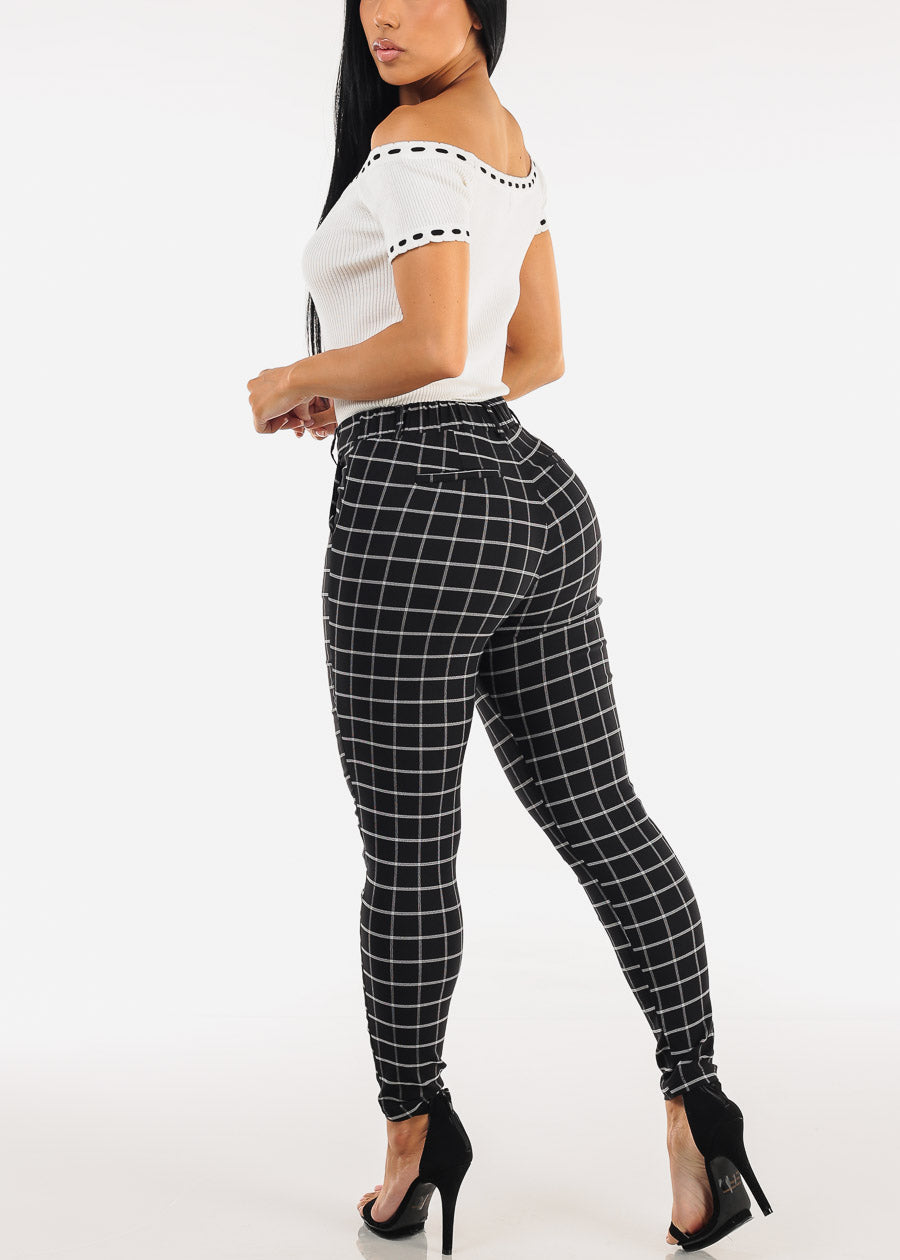 Butt Lift Stretch High Rise Plaid Skinny Ankle Pants Black