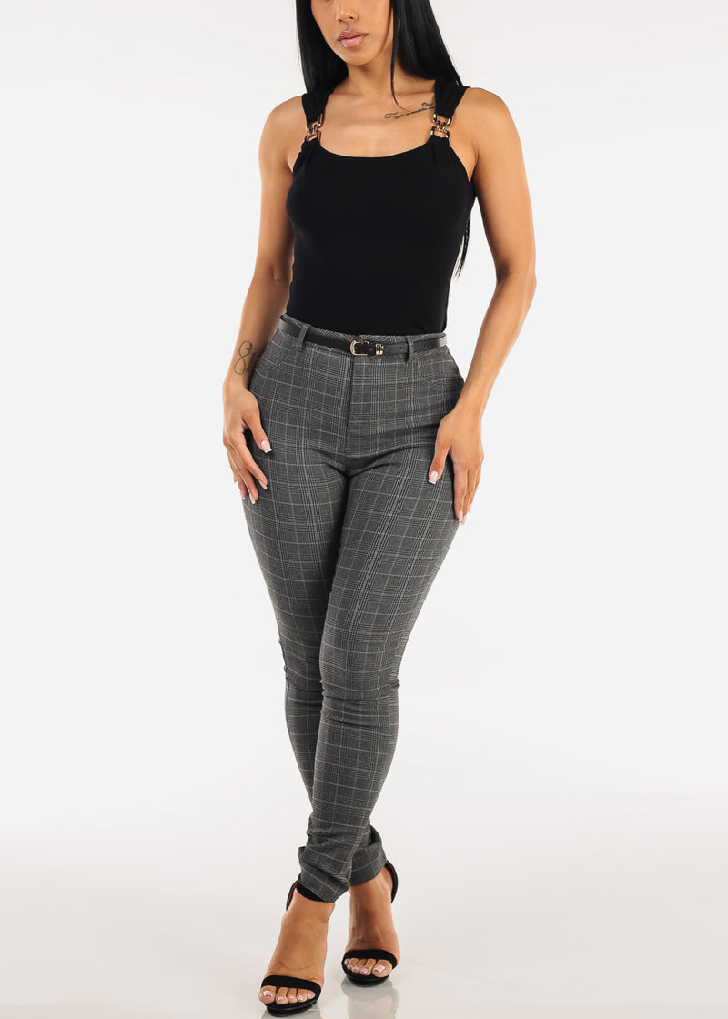 High Waist Stretch Plaid Skinny Pants Charcoal
