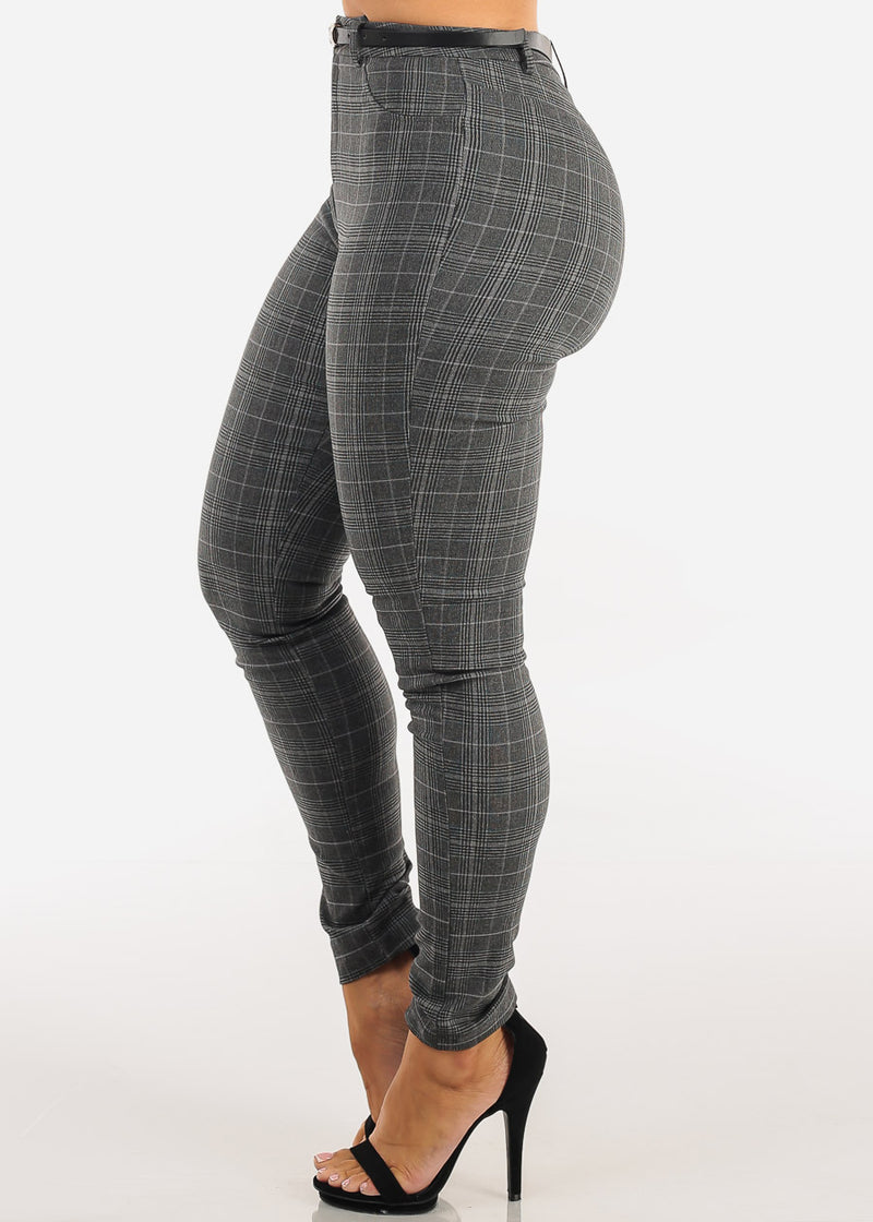 High Waist Stretch Plaid Skinny Pants Charcoal