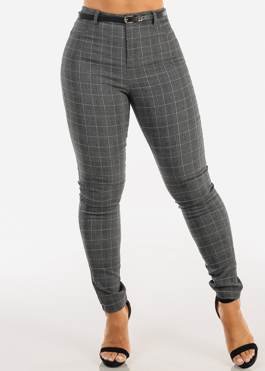 High Waist Stretch Plaid Skinny Pants Charcoal