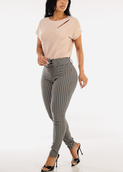 Butt lift High Waist Plaid Skinny Pants Khaki