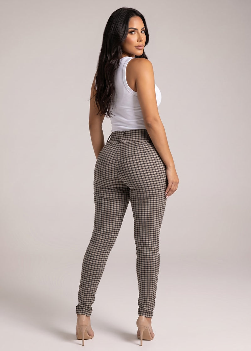 Butt lift High Waist Plaid Skinny Pants Khaki