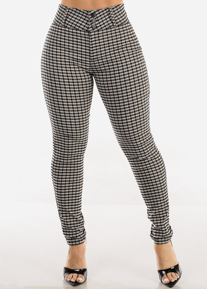 Butt lift High Waist Plaid Skinny Pants Khaki