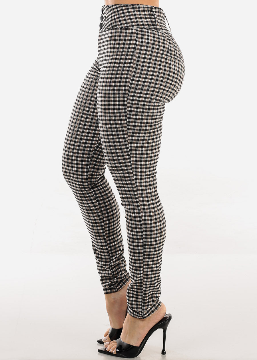 Butt lift High Waist Plaid Skinny Pants Khaki