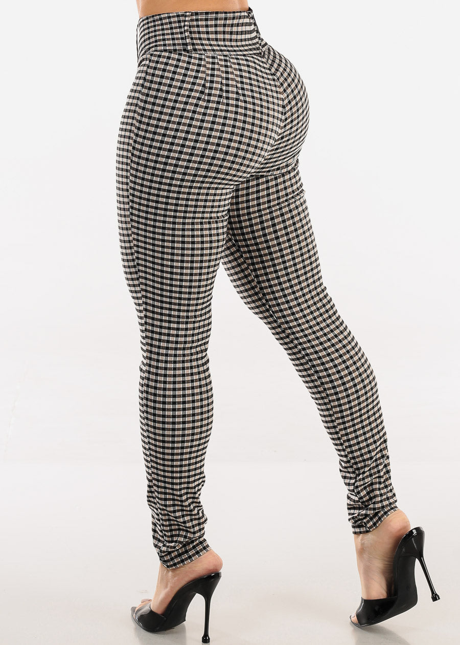 Butt lift High Waist Plaid Skinny Pants Khaki