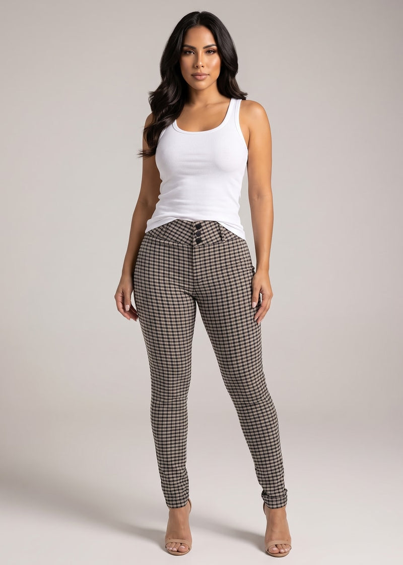 Butt lift High Waist Plaid Skinny Pants Khaki