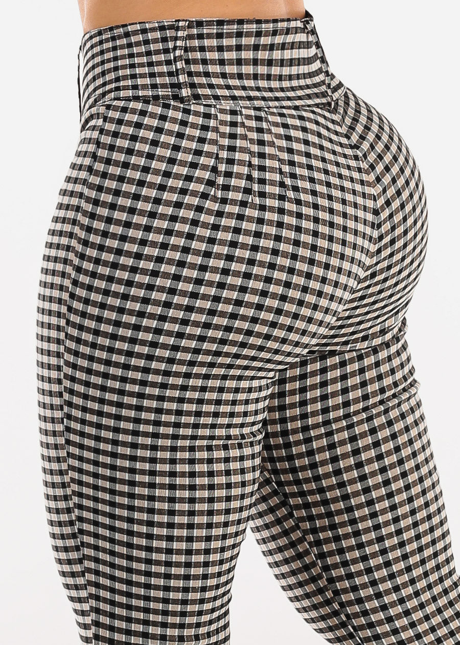 Butt lift High Waist Plaid Skinny Pants Khaki
