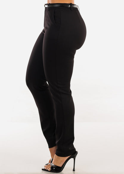 Belted Super High Waist Dressy Skinny Pants Black