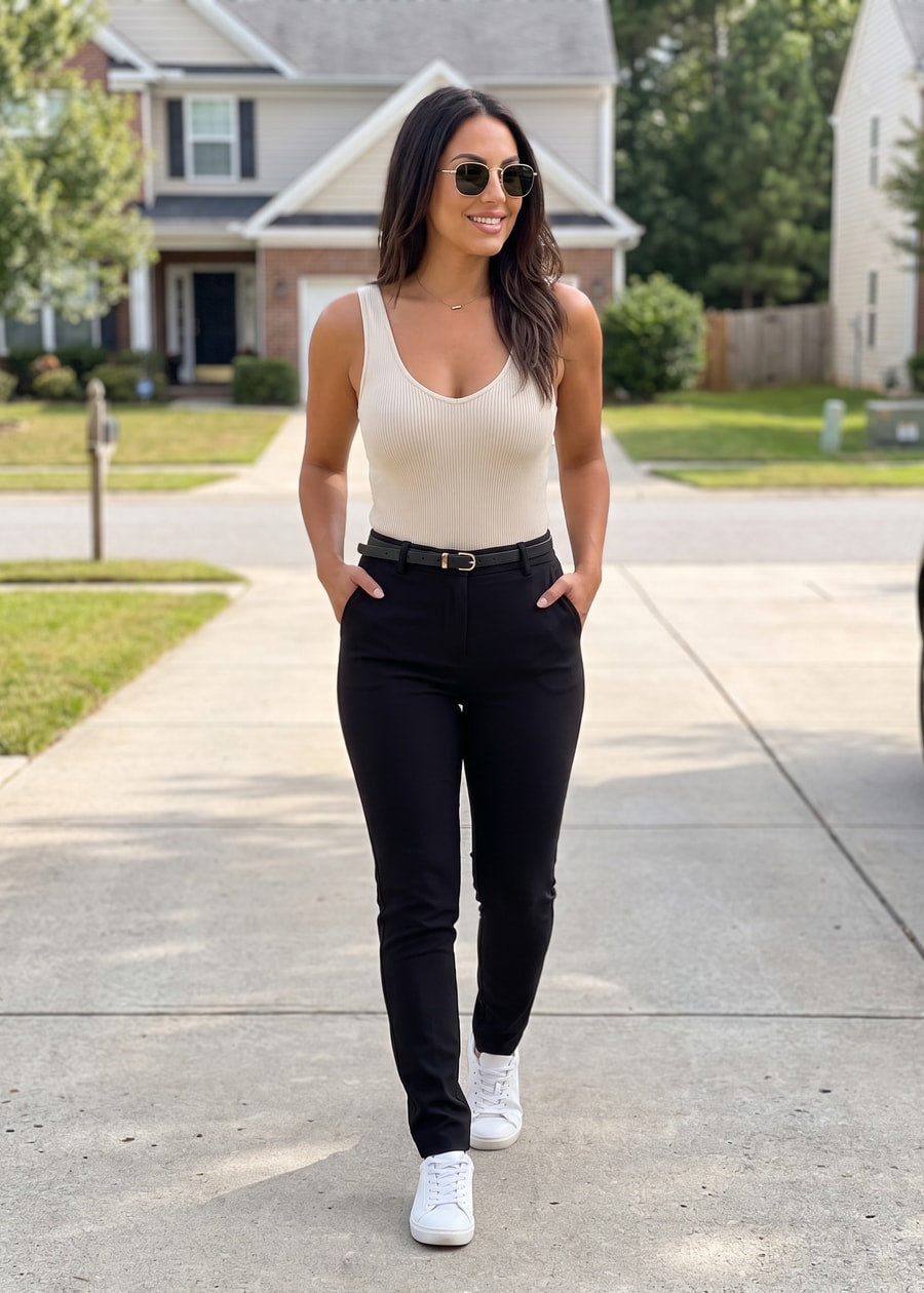 Belted Super High Waist Dressy Skinny Pants Black, view 8 of 11
