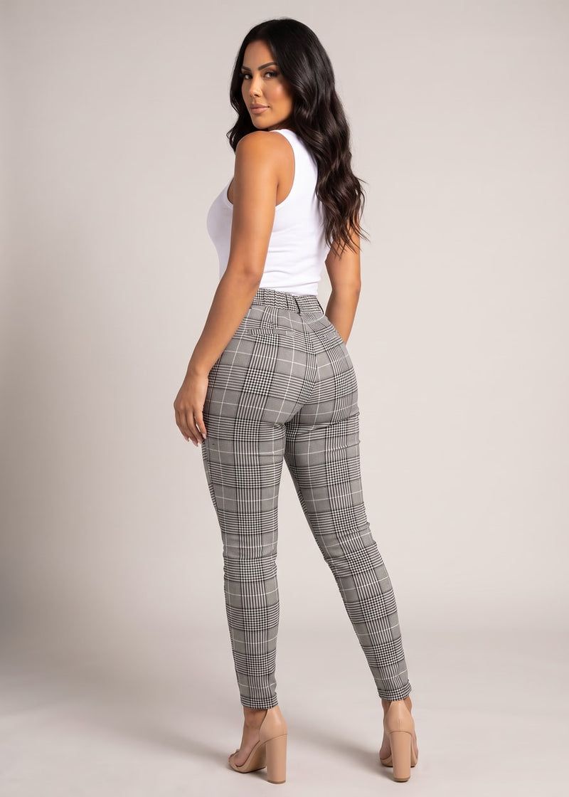 Levantacola Stretchy Plaid Skinny Pants Black