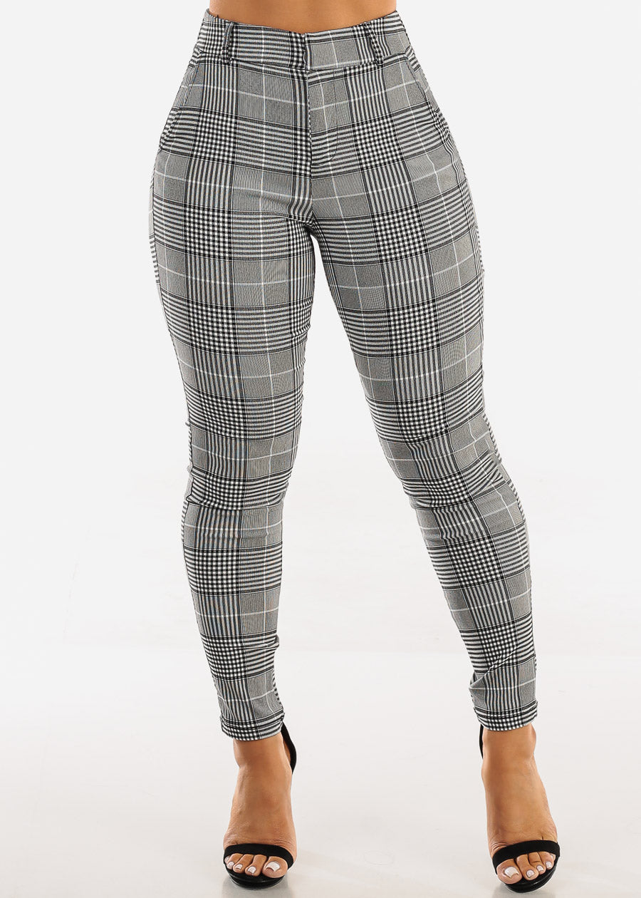Levantacola Stretchy Plaid Skinny Pants Black