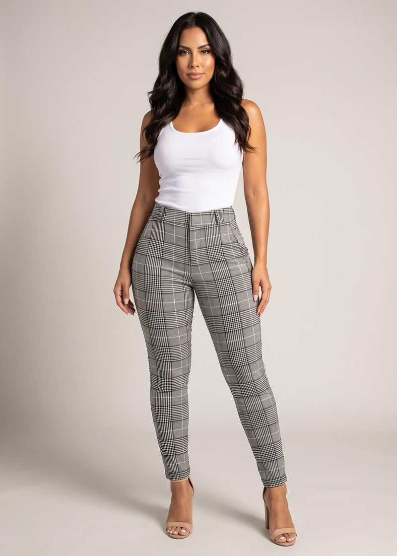 Levantacola Stretchy Plaid Skinny Pants Black